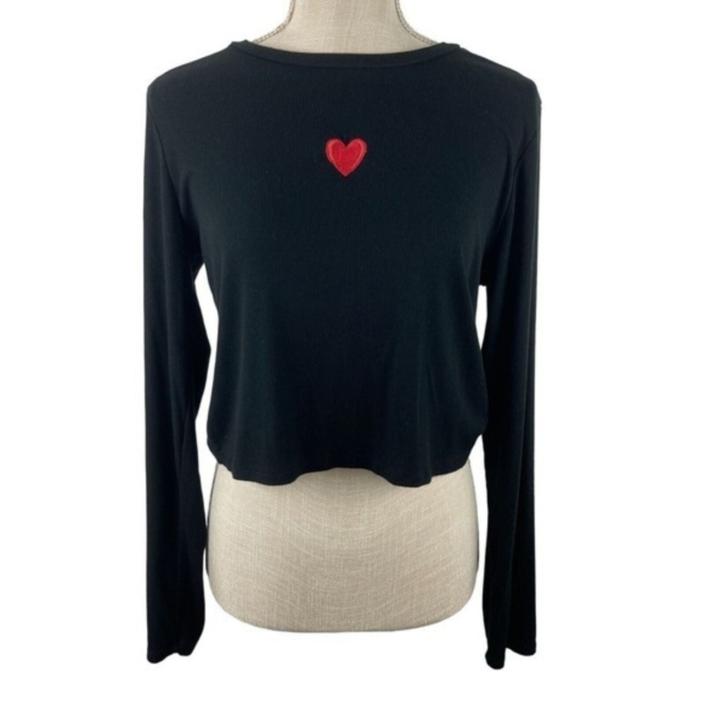 Wild Fable Ribbed Crop Top Womens XL Black Heart Fitted Stretch‎ Y2K Cute Tee LS